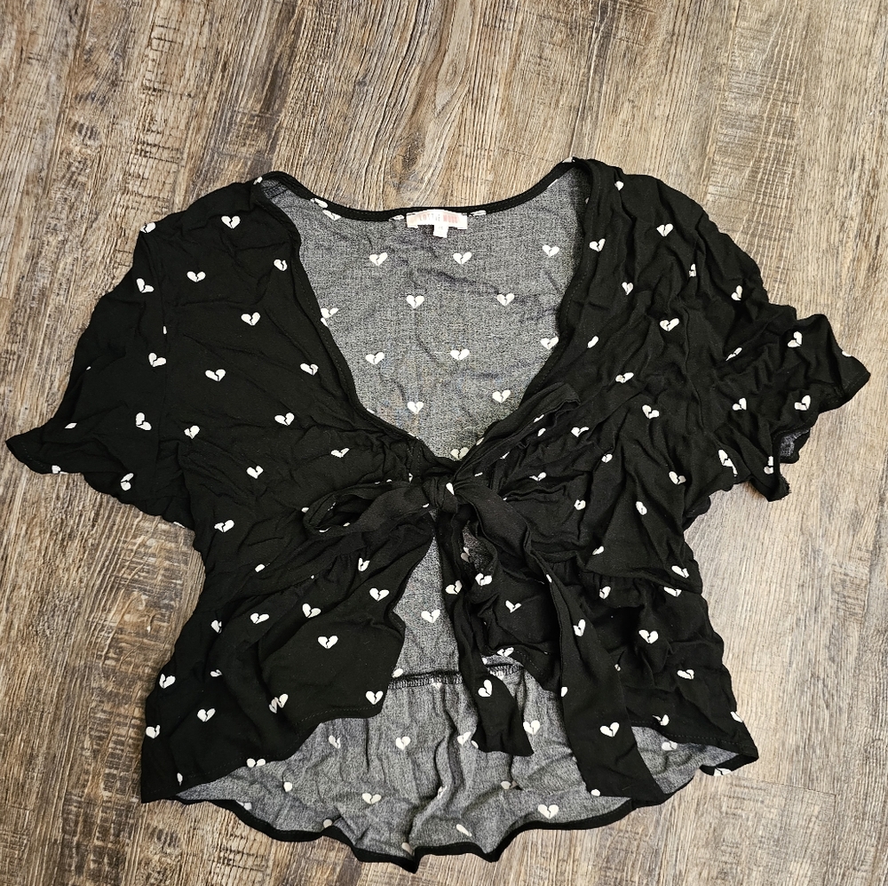 Black Broken Hearts Patterned Tie Front Top Size XS